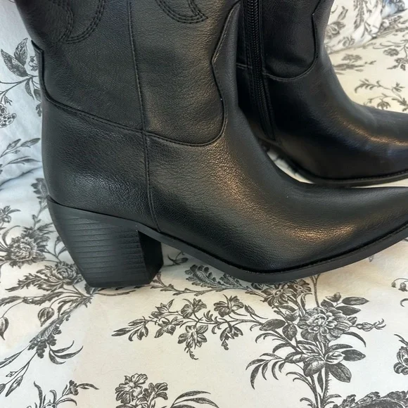 Black Knee High Western Cowboy Boots Flame Stitch Embroidery Zip Pointed Toe 7 - Picture 3 of 4